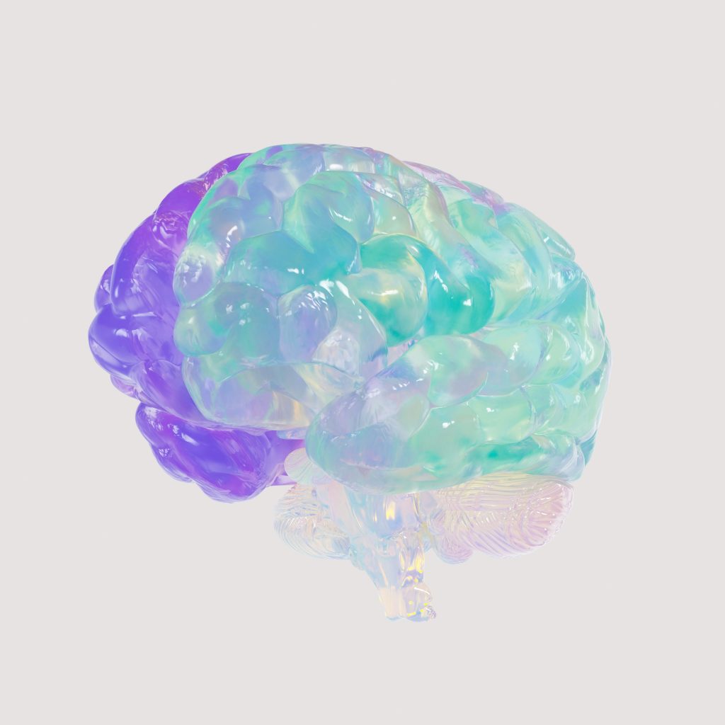 Illustration d’un cerveau translucide aux reflets violets, verts et turquoise, flottant sur fond clair. Métaphore pour les hormones du bonheur