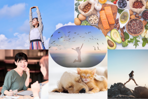 Montage représentant les piliers d’un mode de vie sain : activité physique, alimentation équilibrée, sommeil réparateur, relations sociales, bien-être émotionnel et connexion à la nature.