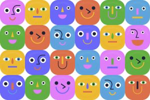 Illustration colorée montrant une mosaïque de visages stylisés et différents, évoquant la pluralité des identités et des rôles. Utilisé pour illustrer l'article Identité et santé : le coût invisible de ce à quoi on s’identifie