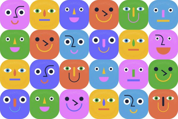 Illustration colorée montrant une mosaïque de visages stylisés et différents, évoquant la pluralité des identités et des rôles. Utilisé pour illustrer l'article Identité et santé : le coût invisible de ce à quoi on s’identifie
