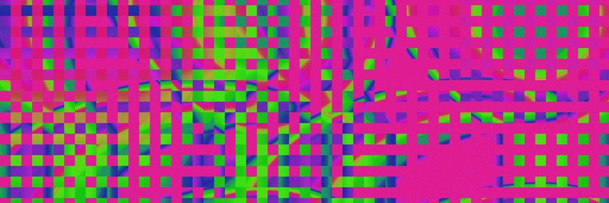 Motif abstrait vibrant aux couleurs néon (rose, vert, violet) rappelant des circuits neuronaux ou des illusions visuelles.